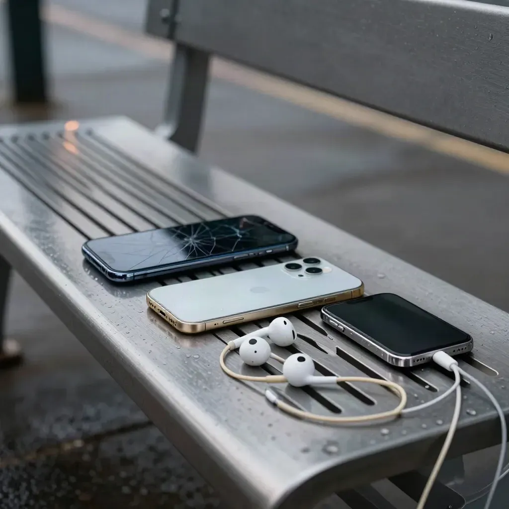 Tre smartphone su una panca bagnata al tramonto, uno vibra accanto a un auricolare cablato.