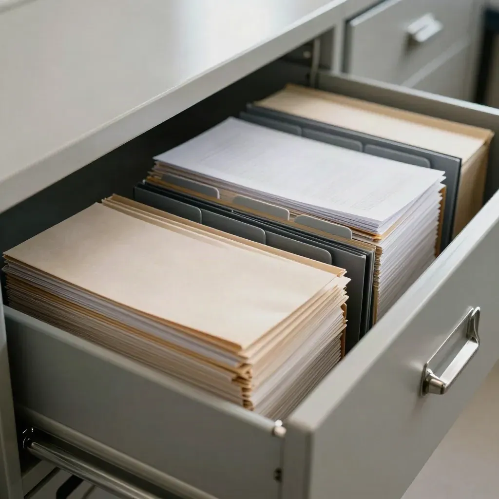 Cassettino d’archivio comunale aperto con fascicoli e divisori ordinati in luce chiara