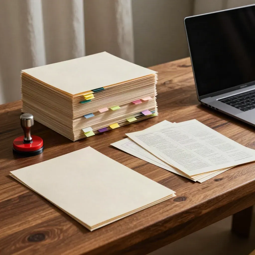 Banco di verifica con fascicoli, tab colorati, laptop chiuso e tampone rosso.