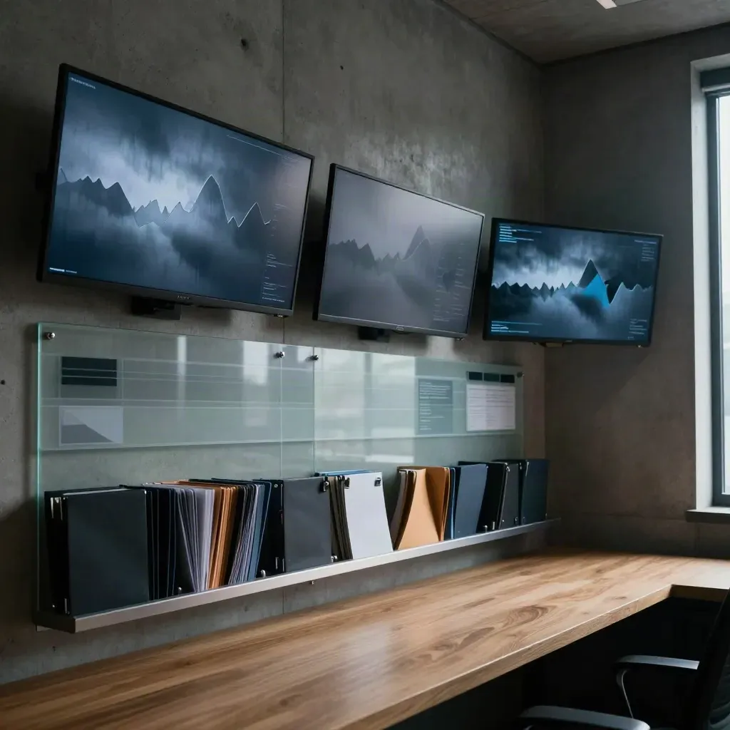 Redazione con muro dati illuminato dai monitor e atmosfera drammatica, vista d’angolo.