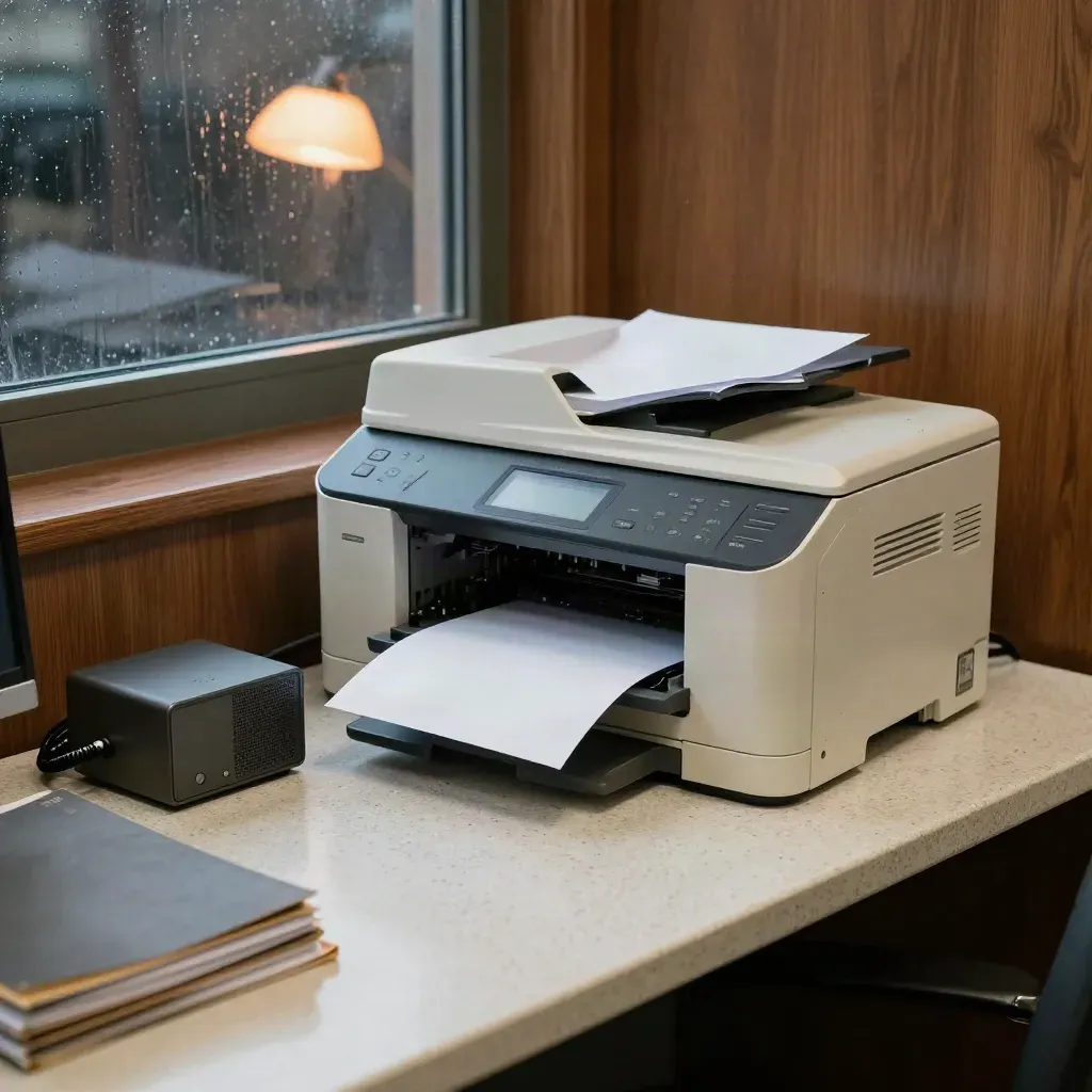 Stampante d’ufficio, foglio in uscita, base radio e cartelle su travertino, luce calda.