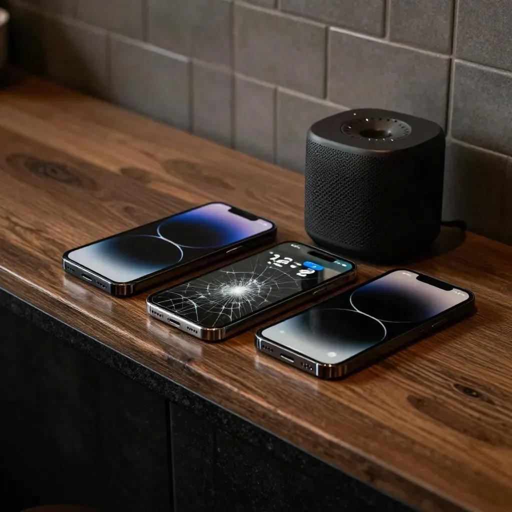 Tre smartphone e un piccolo speaker in un angolo di caffè, con schermo crepato e riflessi neon.