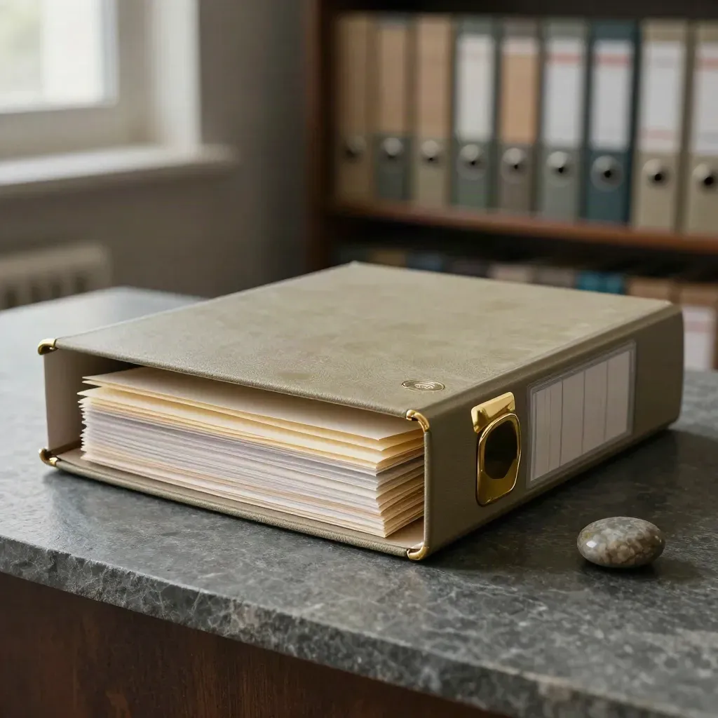 Raccoglitore archivio che si apre sul piano, con divisori e fermacarte in pietra.