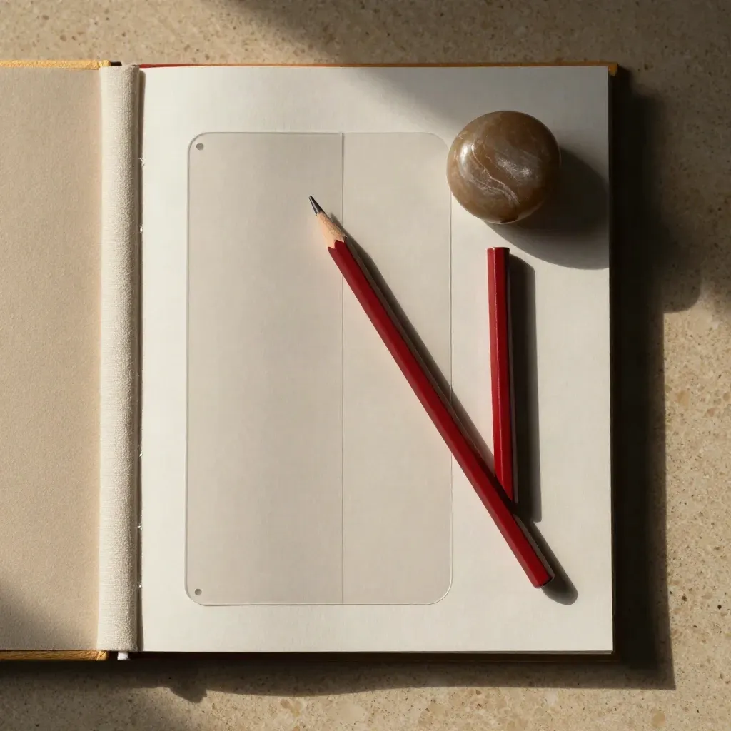 Vista zenitale di un booklet editoriale chiuso, tab trasparente, matita rossa e pesacarte su travertino.