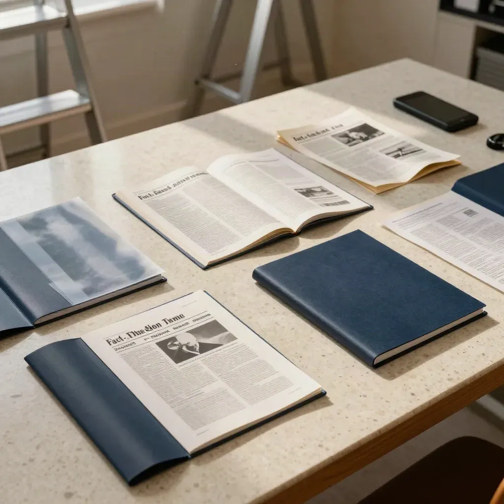 Tavolo d’archivio dall’alto con cartelle fonti, pagine spillate e telefono capovolto.
