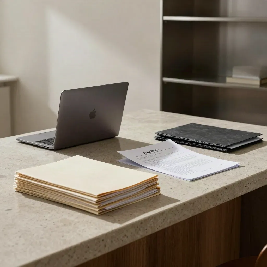 Laptop chiuso e fascicoli di verifica in un angolo di stanza, luce morbida e tono editoriale.