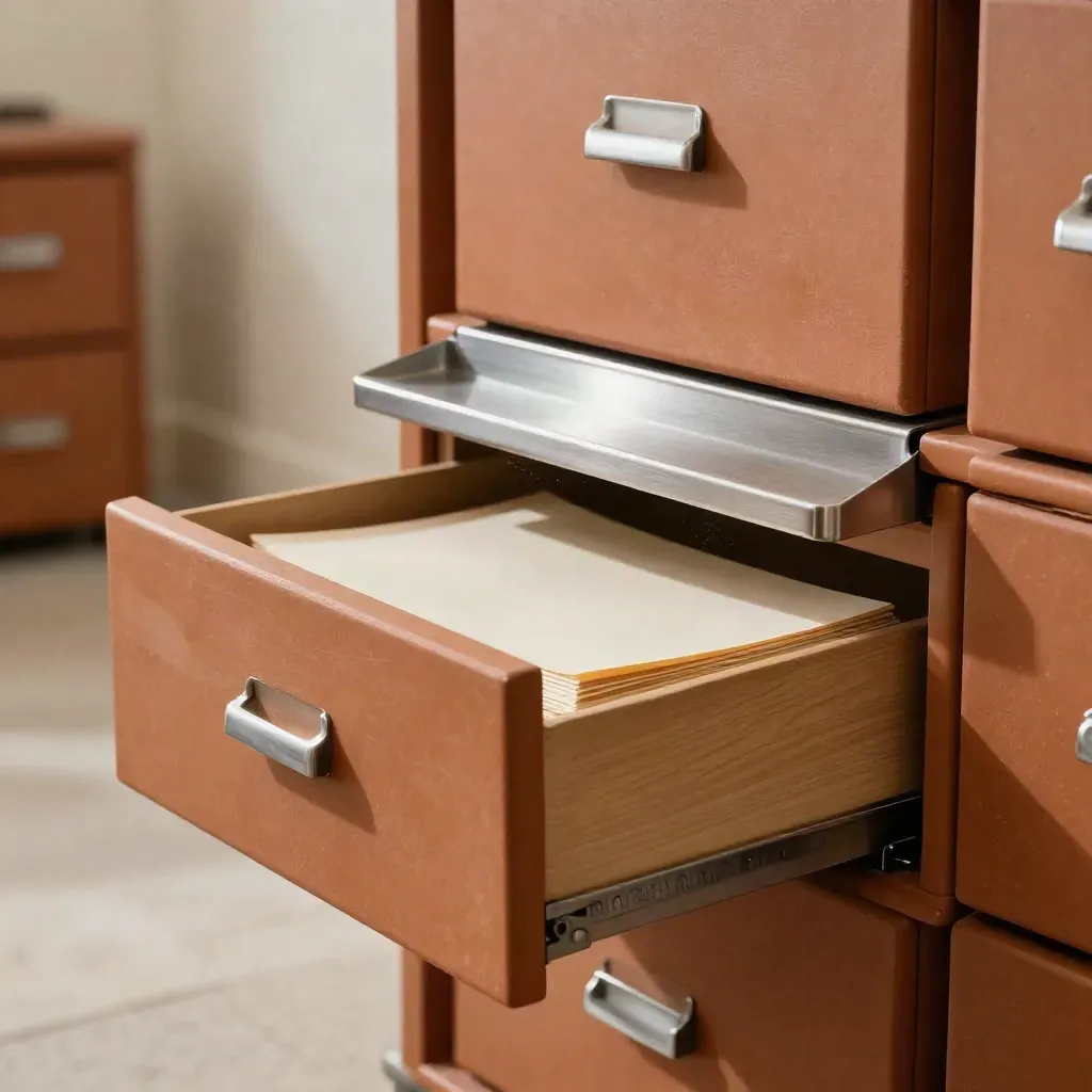 Cassetti archivio in apertura, carrello metallico e polvere sospesa in una stanza chiara