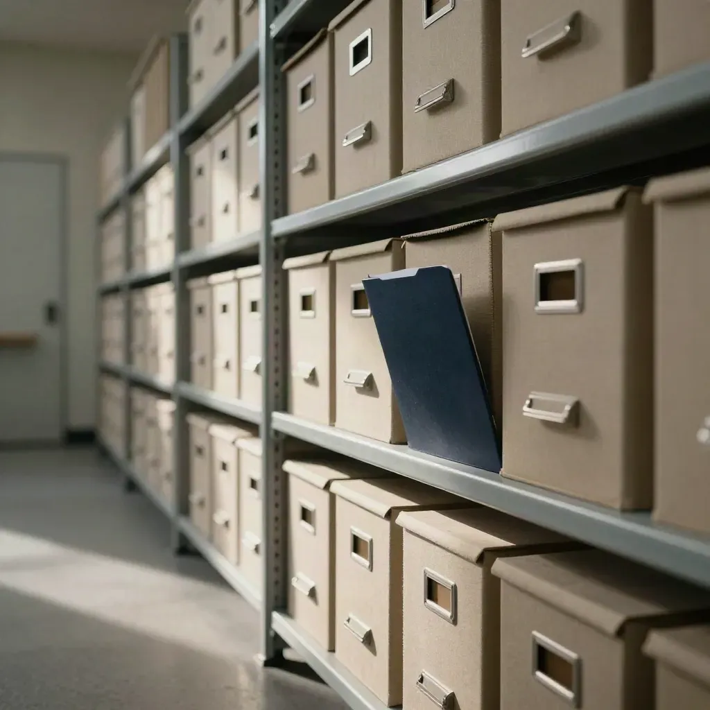 Corridoio archivio con scatole neutre e una cartella blu scuro in luce radente e polvere sospesa.