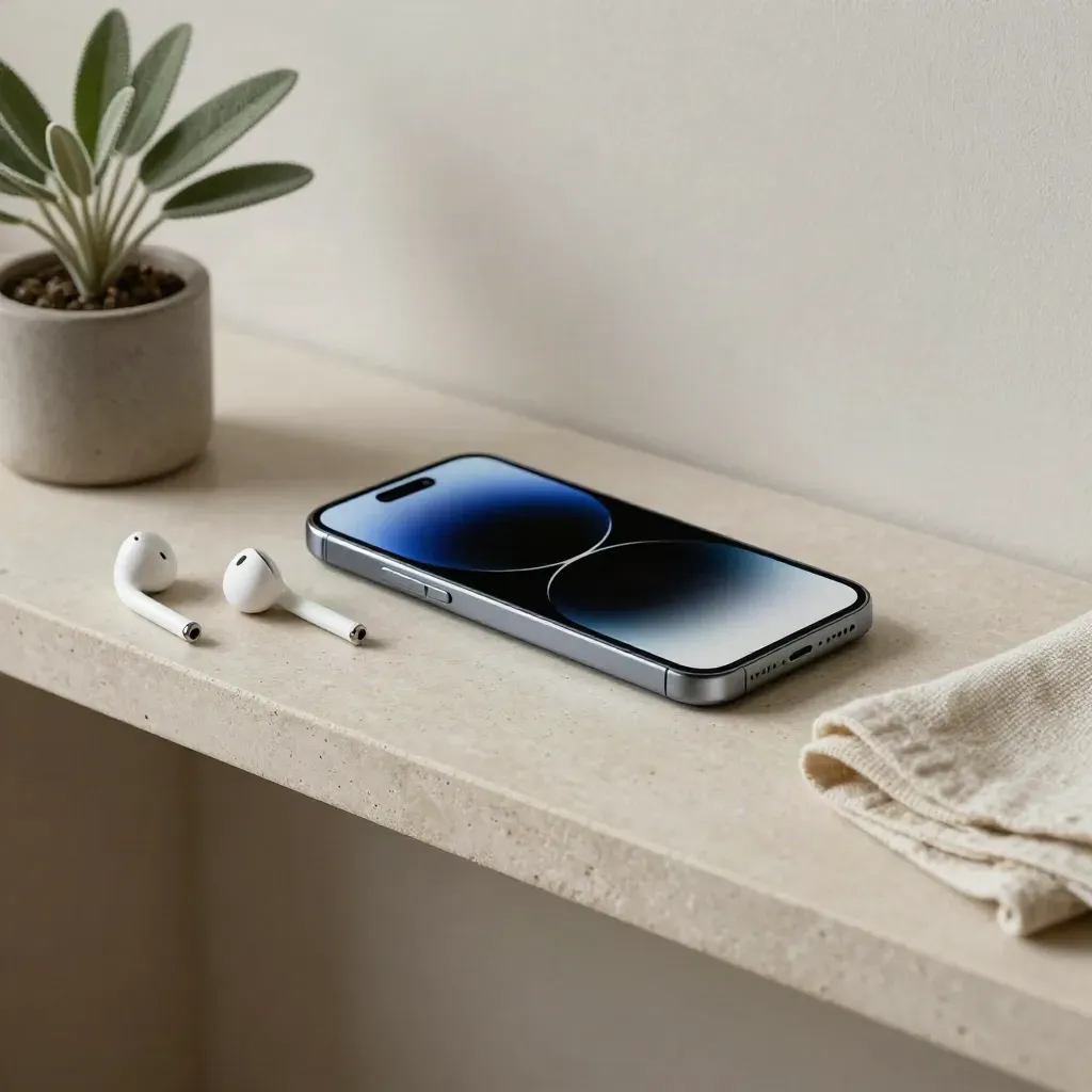 Smartphone capovolto, auricolari, piantina e panno piegato su mensola chiara.