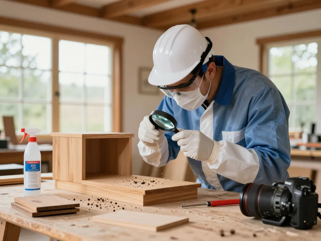 Ispezionando mobili in legno per coleotteri del legno utilizzando la sterilizzazione microonde coleottero in un ambiente professionale di controllo dei parassiti.