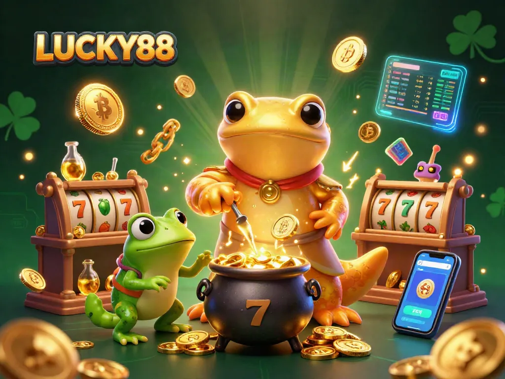 Experience the thrilling gameplay of LUCKY88 with golden alchemist characters mixing slot reels and cryptocurrencies.