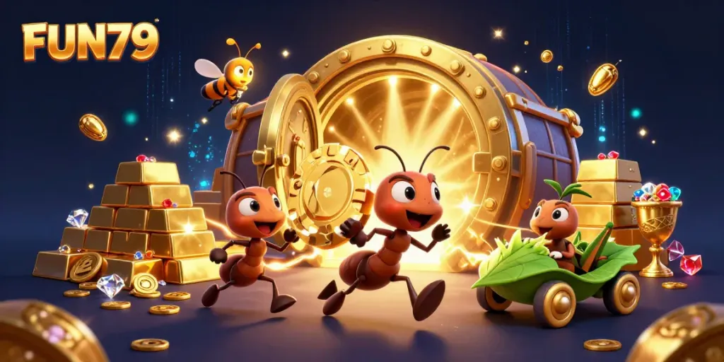 FUN79 showcases a thrilling heist scene with cartoon ants carrying a giant poker chip, embodying the excitement of online gambling.