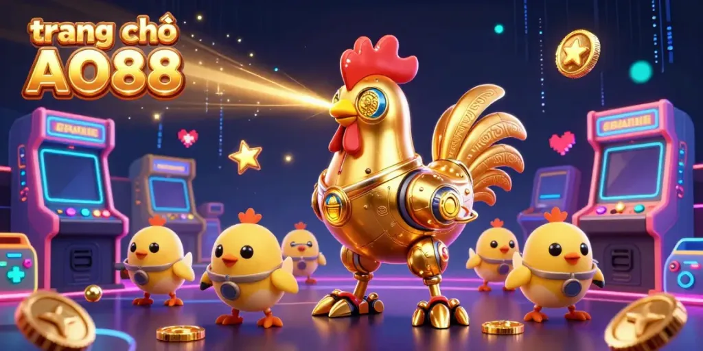 Capture the excitement of the trang chủ AO88 scene with a golden rooster robot surrounded by baby chick drones and dynamic gaming elements.