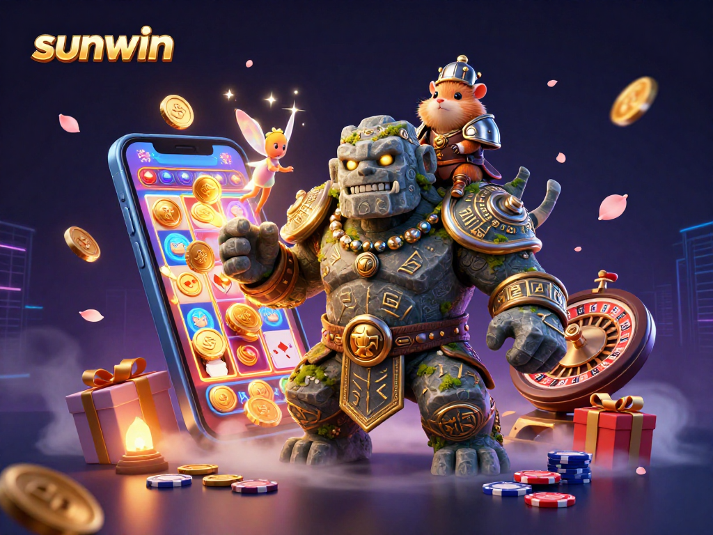 Experience thrilling wins at sunwin with a lively scene featuring animated casino characters.