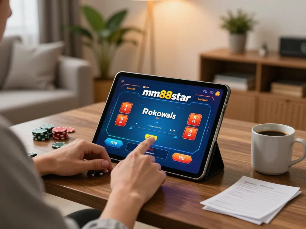 Engaging gameplay on mm88star's casino app with a player focused on tactical decisions and lively home environment