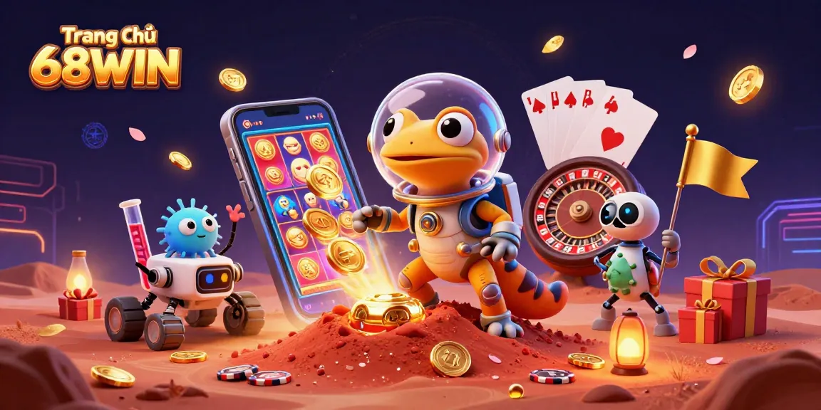 Playing at Trang chủ 68WIN reveals a vibrant Martian casino featuring exciting games, neon lights, and alien characters.