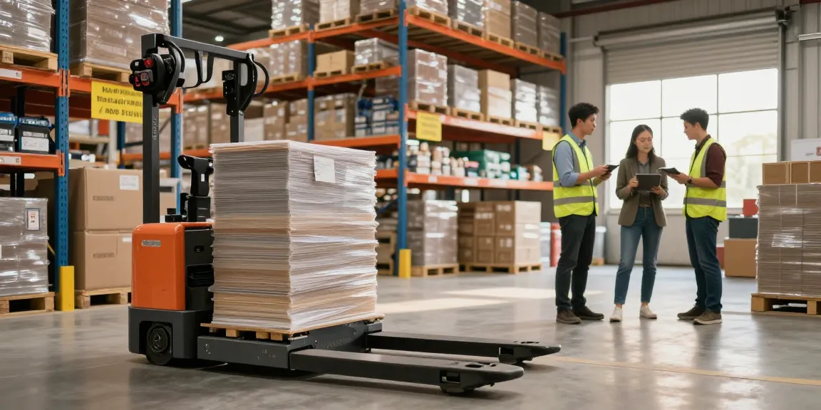 Electric pallet jack in use at a busy warehouse, showcasing efficient material handling.