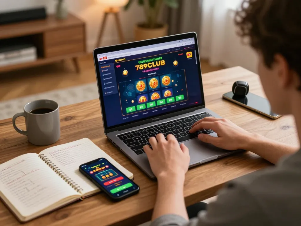 Engaged player enjoying gameplay on 789CLUB online casino during a cozy home session.