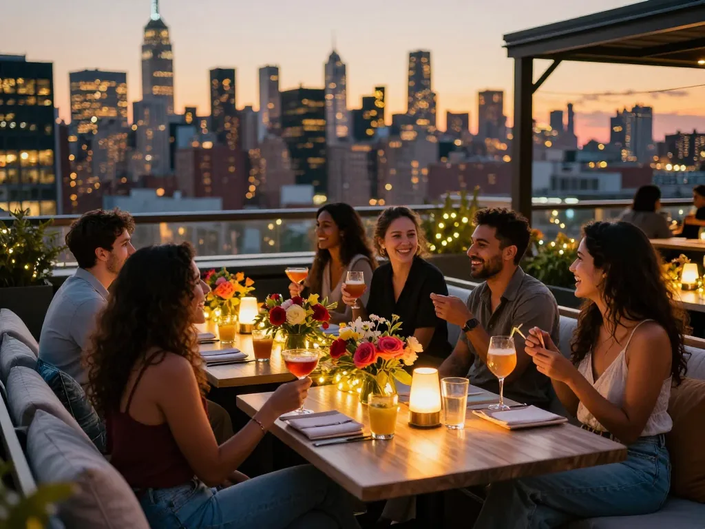 Friends enjoying cocktails at NoHu rooftop bar with Manhattan skyline backdrop.
