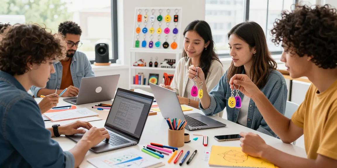 Custom keychains being designed by a diverse group of young adults in a vibrant e-commerce setting.