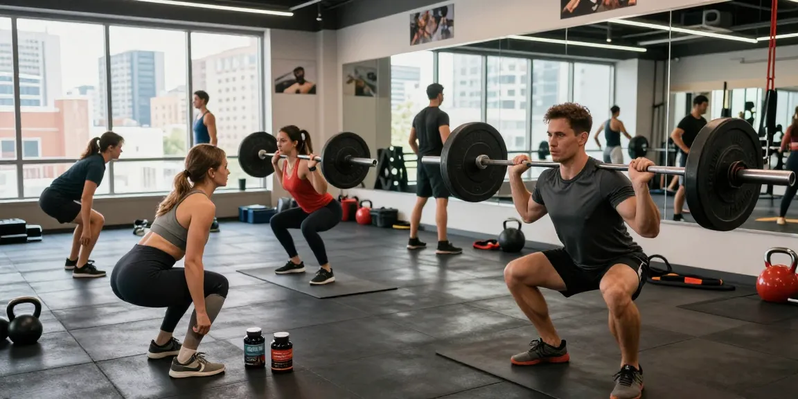 A diverse group of fitness enthusiasts in a modern gym, featuring bodybuilders and athletes engaged in workouts, promoting Steroide Boutique products for performance enhancement.