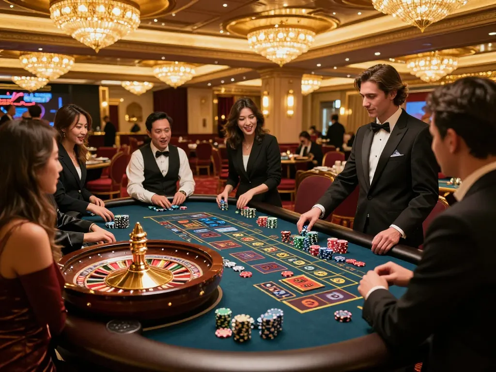 U888 players engaging in a thrilling roulette game under golden lights in a luxurious casino atmosphere.