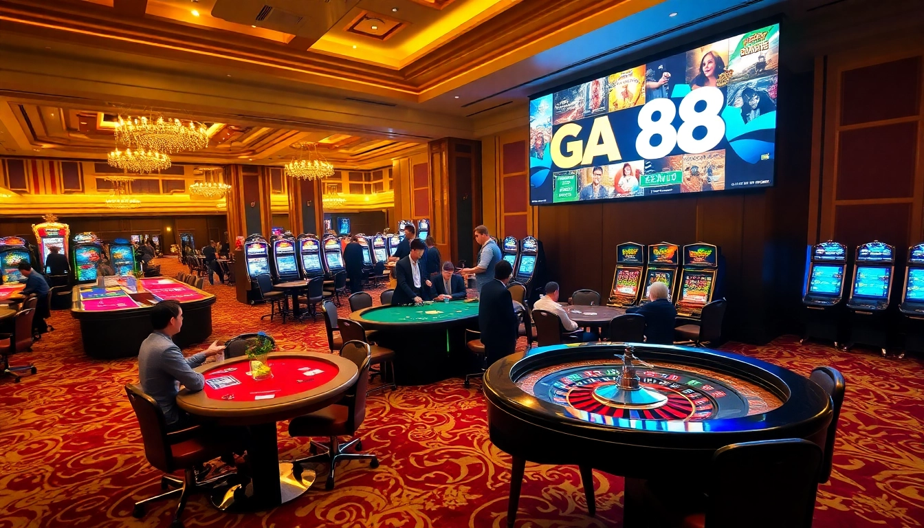 Engaged players enjoying casino games at GA 88, showcasing vibrant slot machines and poker tables.