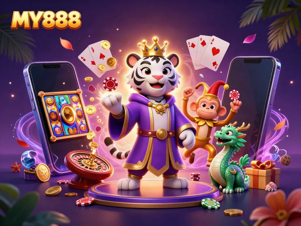 Engage with MY888's vibrant casino scene, featuring a white tiger, playful monkey, and magical elements.