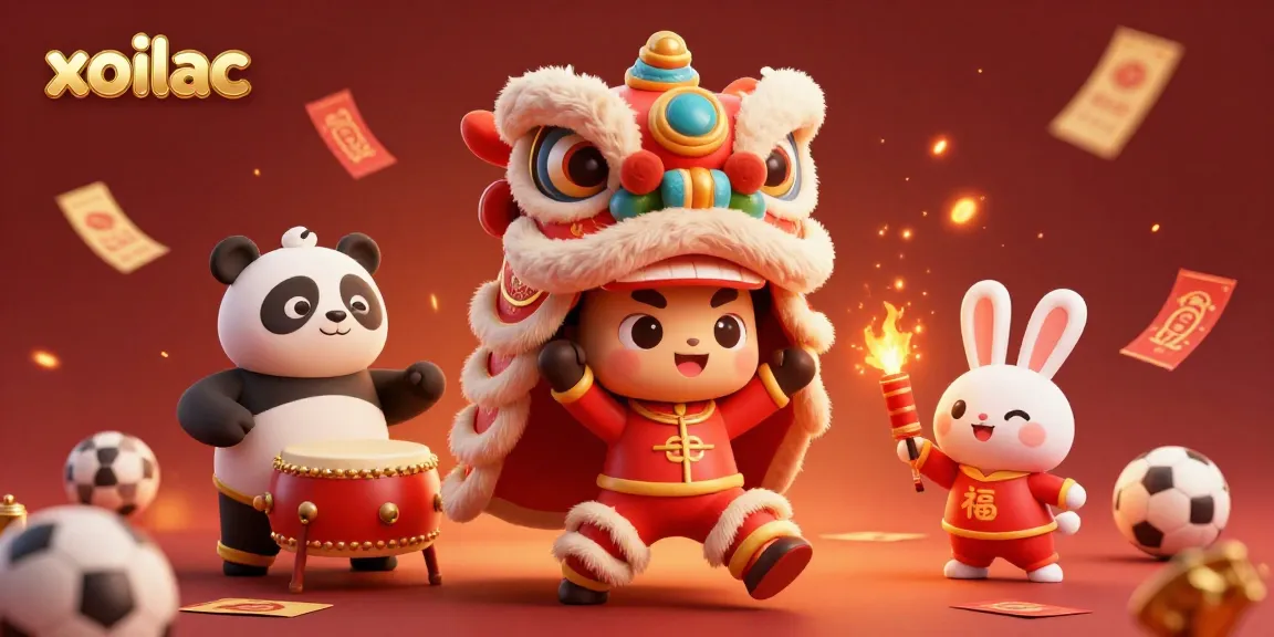 Xoilac presents a vibrant scene with characters and sports elements celebrating gambling excitement.