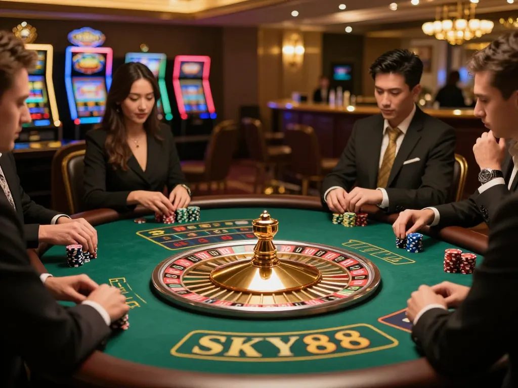 Experience excitement with SKY88 at a luxurious roulette table filled with eager players.