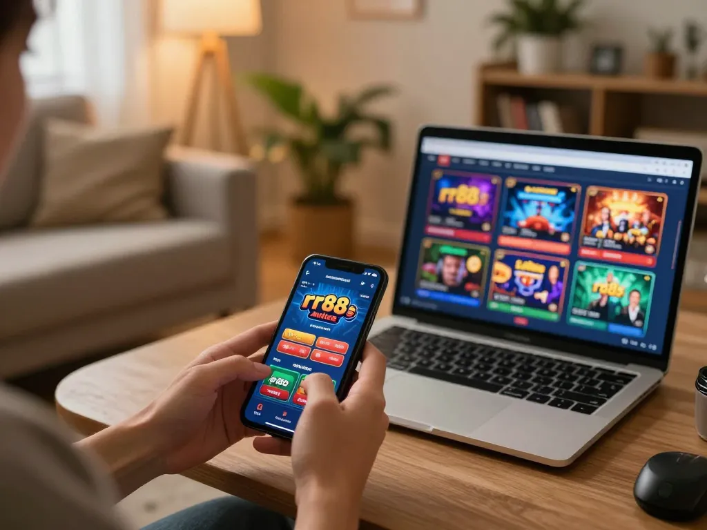 Player enjoying mobile gaming on rr88.autos app in a cozy home setting