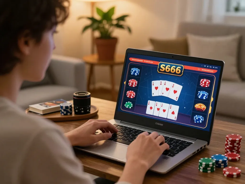 S666 online gaming: player engaged with laptop poker game, cozy home atmosphere.