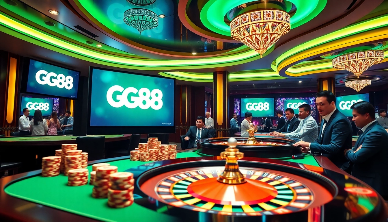 Players experiencing thrilling moments at GG88 in a luxurious casino setting with poker chips and roulette.