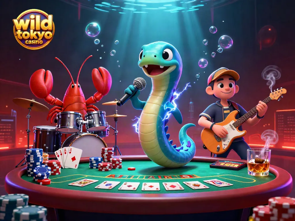 Experience exciting gaming at wild tokyo casino with an electric eel DJ performing live alongside animated characters.