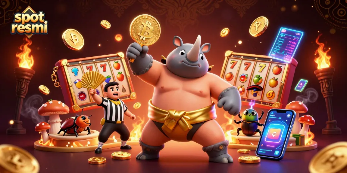 Experience excitement at slot resmi, where a powerful beetle champion hurls coins in a vibrant casino atmosphere.