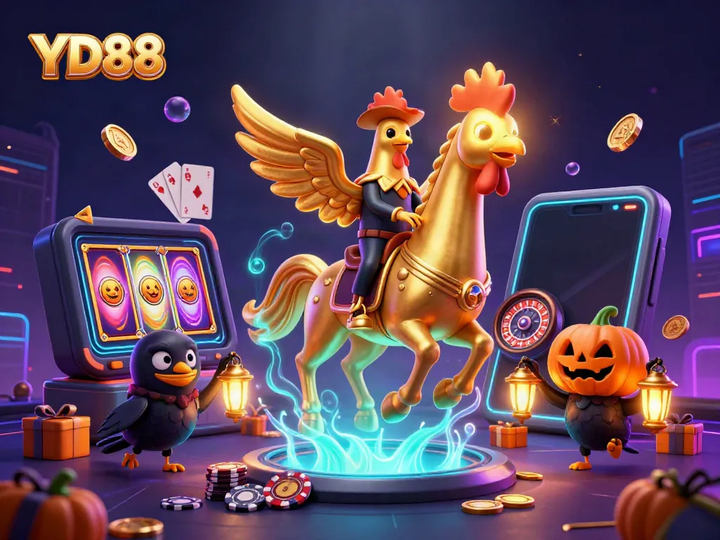 Engage with YD88's thrilling casino adventure, featuring a golden rooster and dynamic gaming elements.