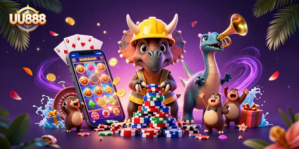 UU888 features a triceratops crafting poker chip pyramids, celebrating gambling victories in a lively casino scene.