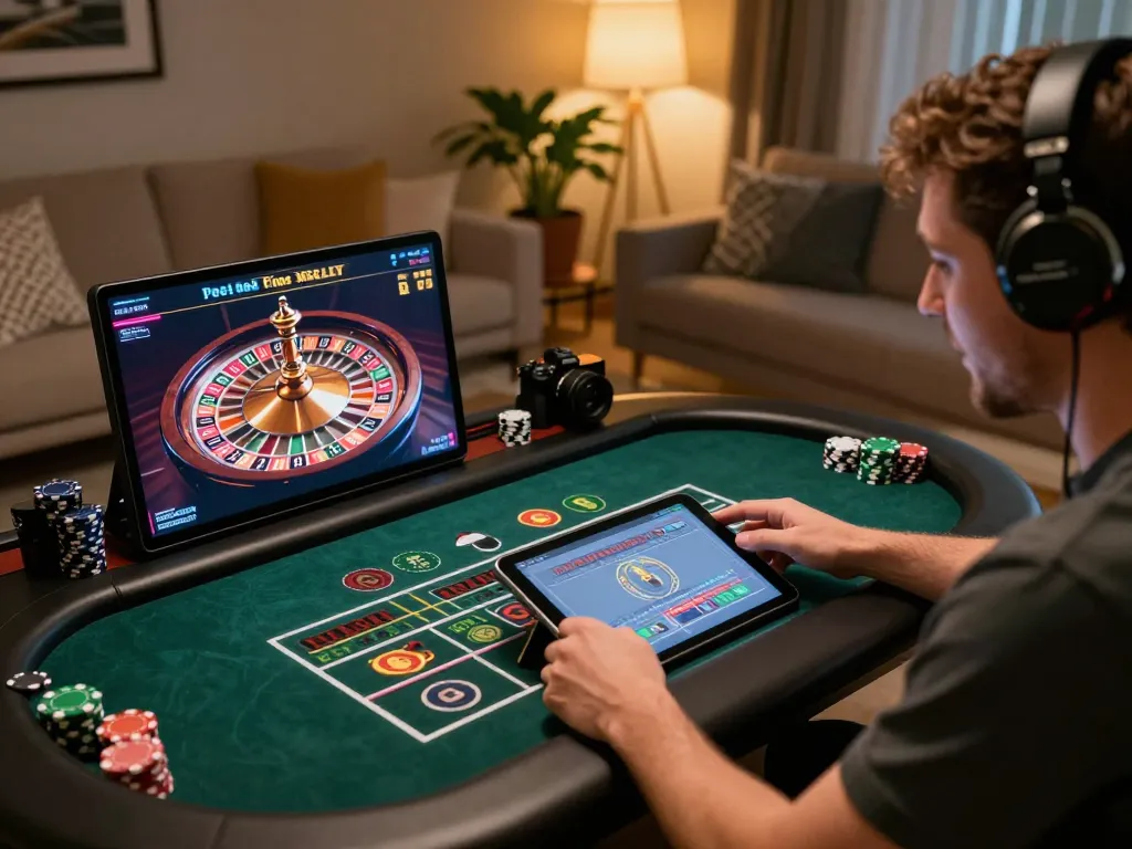 Engaging online gaming experience with j188 roulette wheel action displayed on tablet, creating excitement in a cozy living room setting