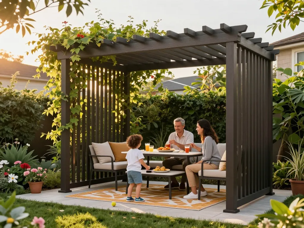 Famiglia che gode di un configuratore pergole 3D personalizzato in un vivace giardino, che mostra la vita all'aperto.