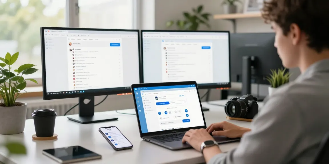 Focused individual using Telegram Web Version on multiple screens in a bright, modern office setting.