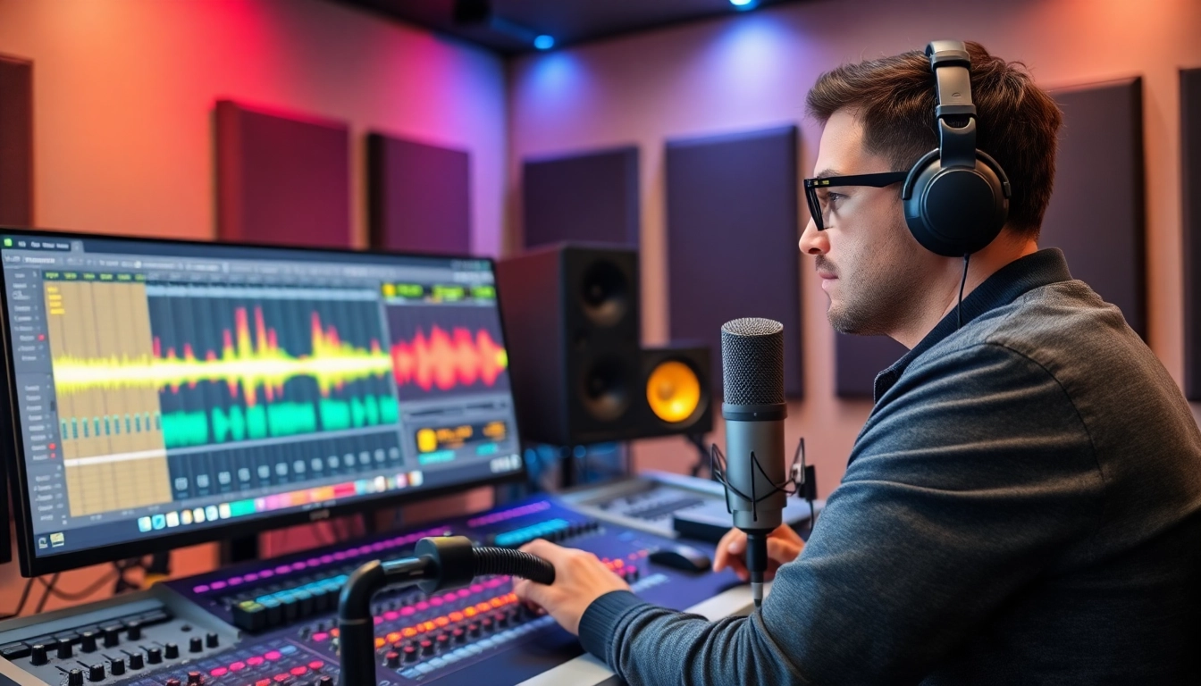 Engaged audio engineer demonstrating online audio mastering techniques in a vibrant sound studio.