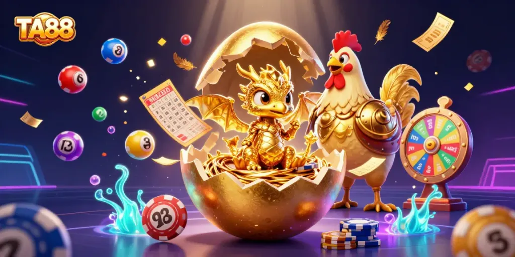 Engage with TA88 gaming thrills amid a vibrant scene of golden dragon and lottery excitement.