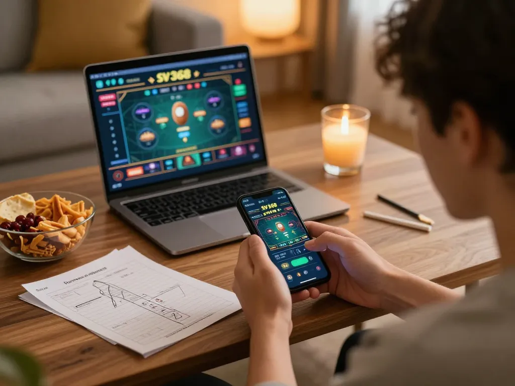 Engaging in online betting on SV368 app while enjoying a cozy home atmosphere.