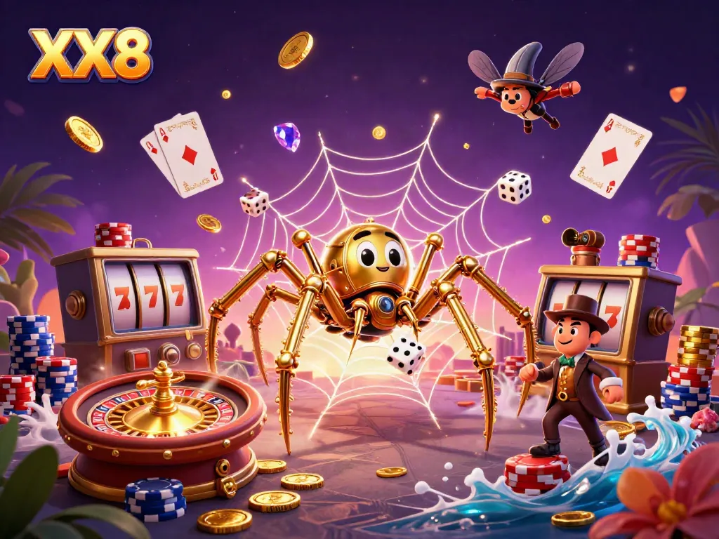 Experience the thrill of XX8 with a dynamic 3D casino scene featuring a steampunk spider and vibrant game elements.