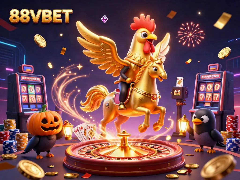 88VBET showcases a golden rooster headless horseman with glowing head, dynamic casino scene filled with excitement.