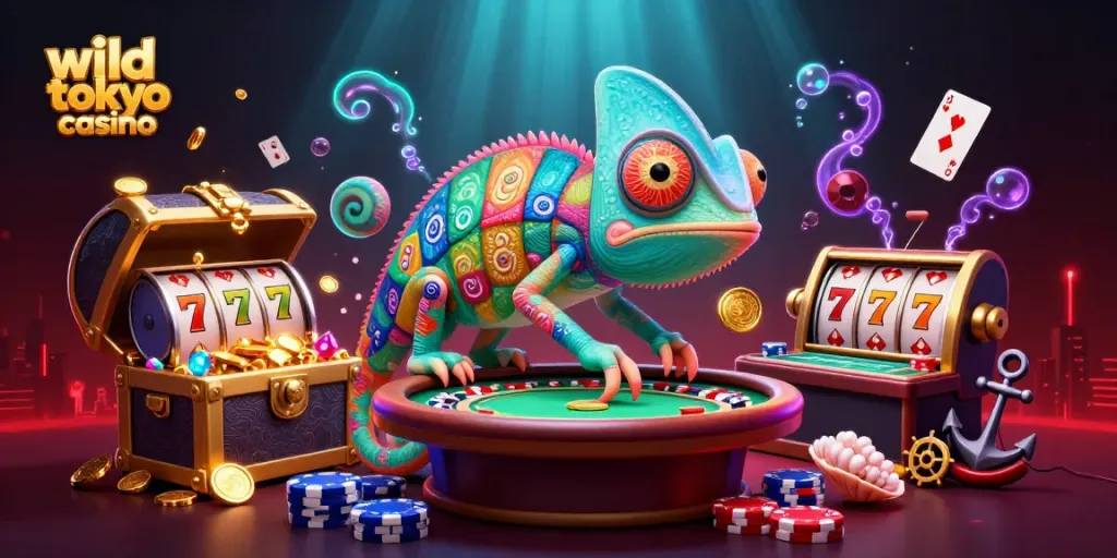 Experience the excitement of wild tokyo casino with a vibrant 3D chameleon character snapping up coins