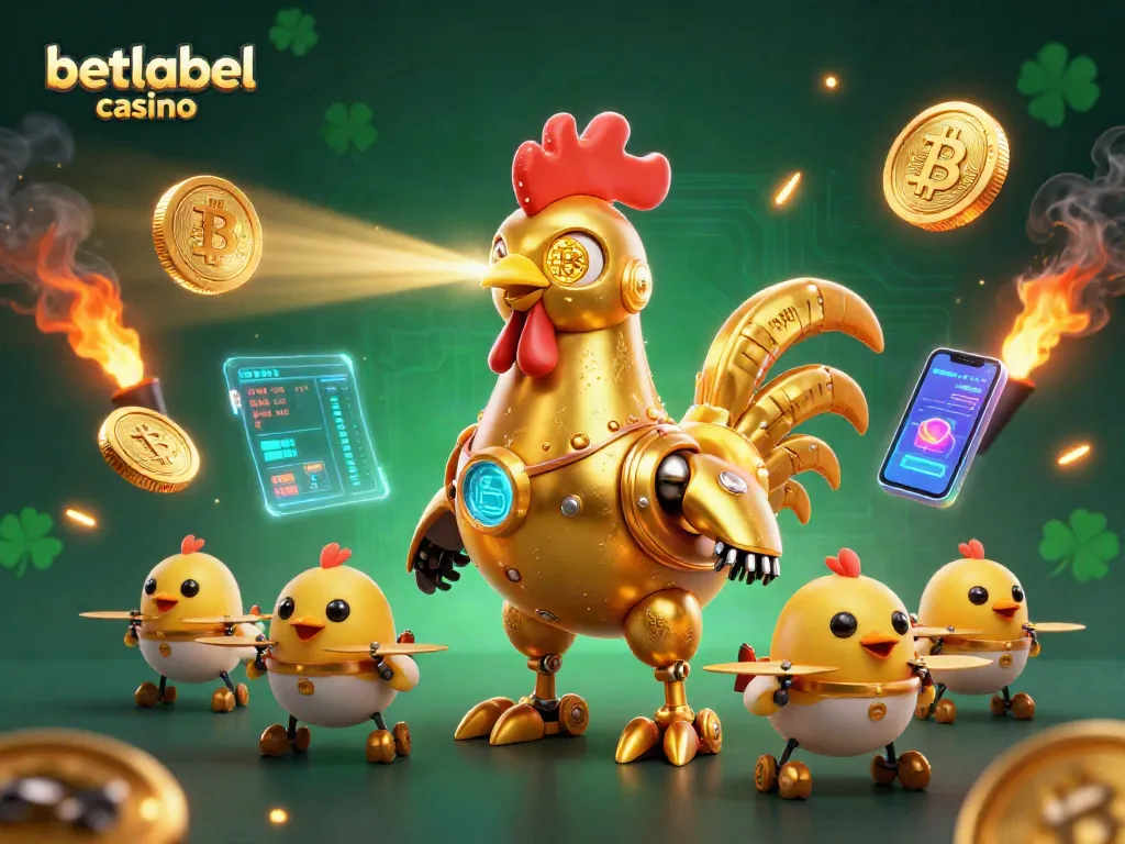 Experience the thrill of betlabel casino with a vibrant 3D illustration of a futuristic golden rooster robot.