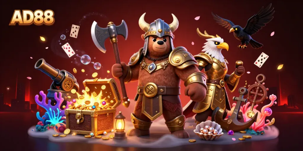 Win big at AD88 with a dynamic 3D casino scene featuring a Viking bear, Valkyrie eagle, and treasure.