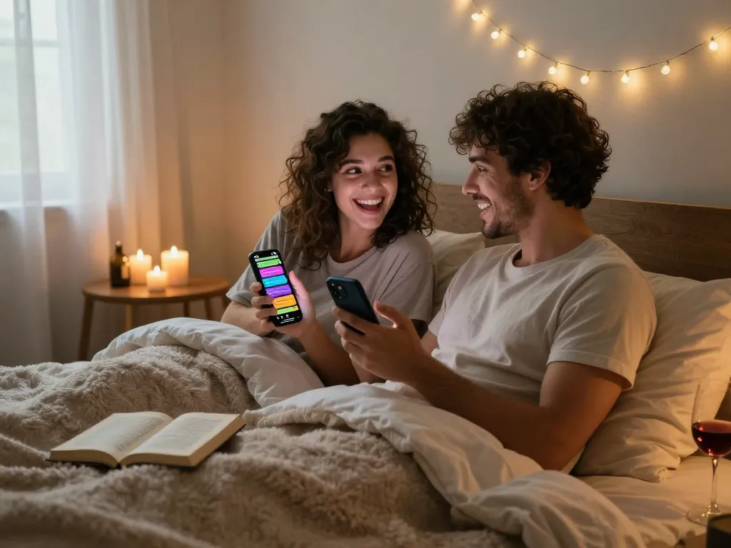 Engaging in sexting ai conversation in a cozy bedroom with playful chat bubbles.