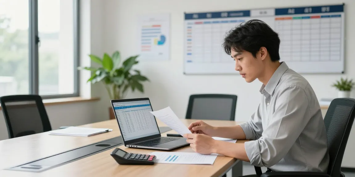 Small business accounting professional analyzing financial documents in a bright office.